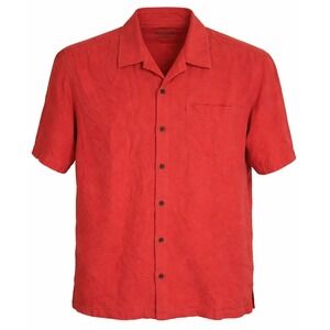 Tommy Bahama Silk Button Up Shirt Tropical Hawaiian Orange Jacquard Size XL